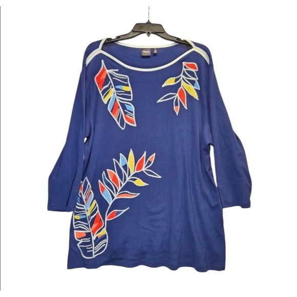 Rafaella Sweater Womens Size 2X Blue Red Yellow Embroidered‎ Floral Leaf Long - Picture 1 of 8